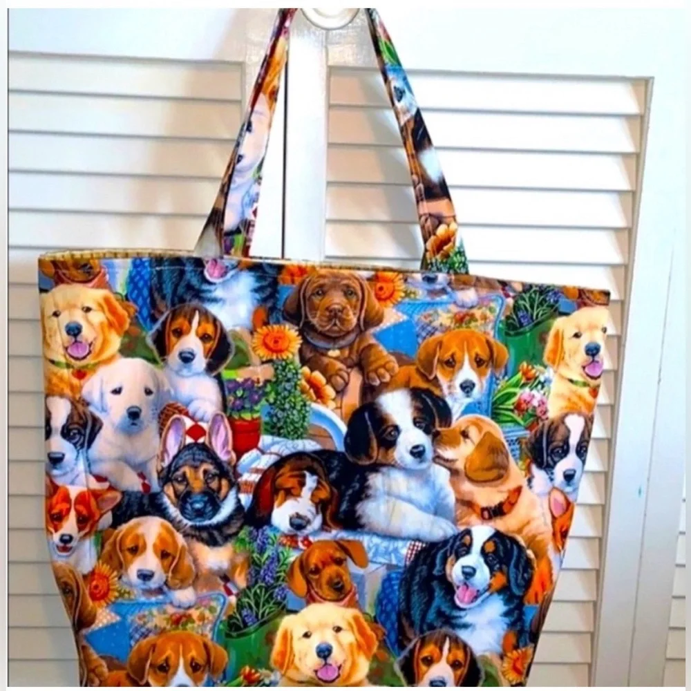 Hand Crafted Colorful Dog Print Tote Bag All Purpose Carry Shoulder Purse